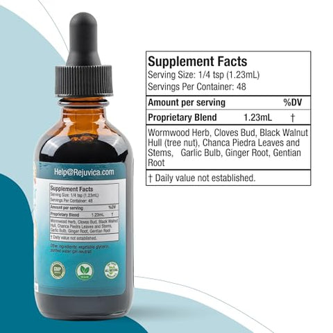 Rejuvica Health - IntestiClear – Suplemento Avançado de Suporte Intestinal – Entrega Líquida para Melhor Absorção – Artemísia, Cravo, Nogueira Preta, Alho
