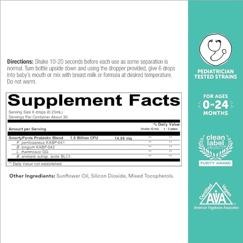 Baby Probiotic Drops: Probióticos para Saúde Digestiva e Suporte Imunológico, para Bebês de 0 a 24 Meses, Vegano, Sem Glúten, Testado por Pediatras (Fornecimento de 30 Dias) - SmartyPants