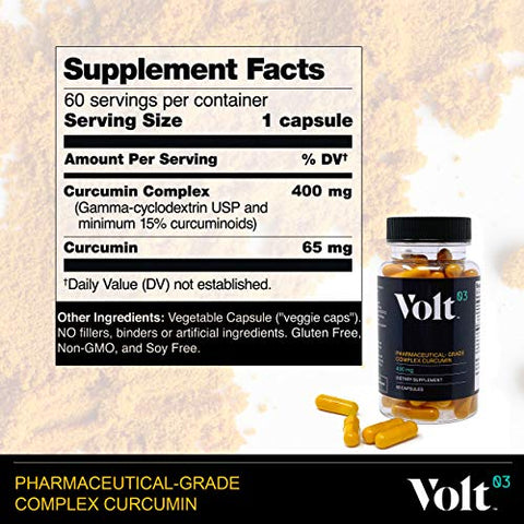 Volt03 - Cápsulas de Curcumina de Cúrcuma de Grau Farmacêutico | Suplementos de Cúrcuma e Curcumina para Suporte Imunológico | Suplementos Naturais de Ervas de Cúrcuma para Suporte Articular 400 mg