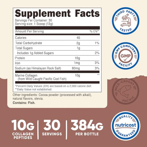 Colágeno Marinho (Sabor Chocolate) 30 Porções – Suplemento de Colágeno de Bacalhau do Pacífico Selvagem - Nutricost