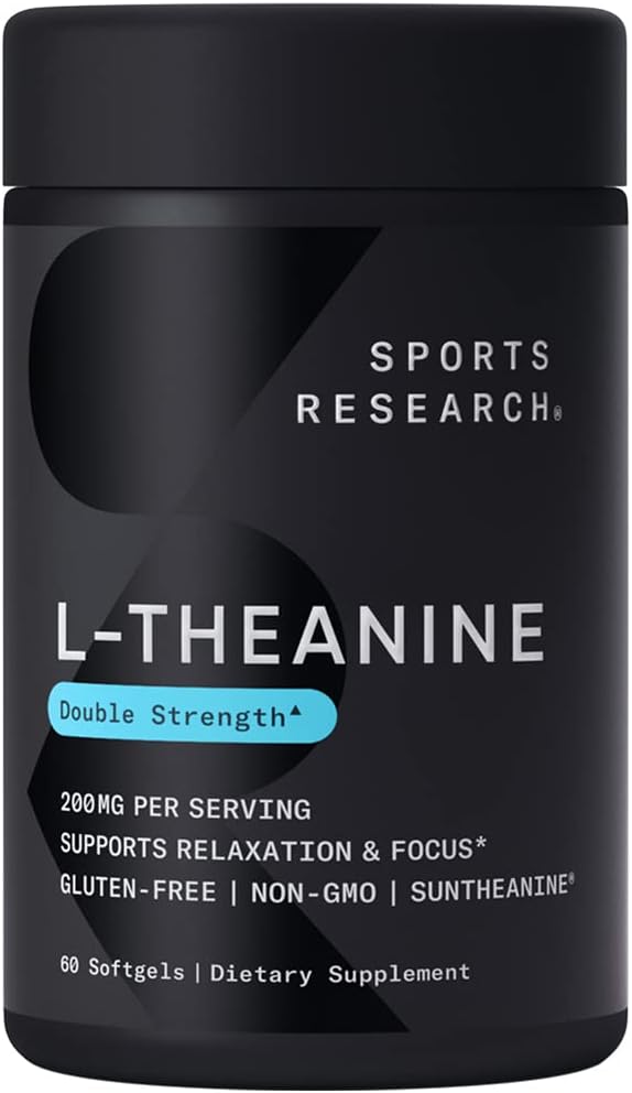 L-Theanine Double Strength – Suplemento Suntheanine Softgels para Foco e Relaxamento – 60 cápsulas - Sports Research