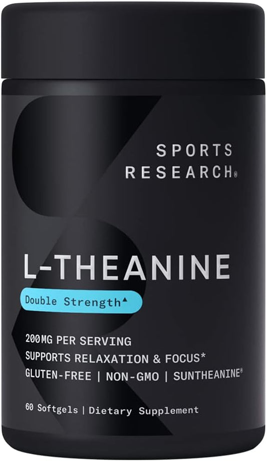 L-Theanine Double Strength – Suplemento Suntheanine Softgels para Foco e Relaxamento – 60 cápsulas - Sports Research