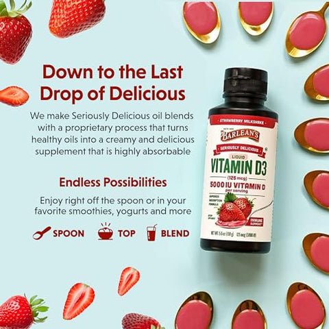 Barlean's - Barlean’s Pack 2 Vitamina D Líquida para Crianças e Adultos 5000 IU D3, Sabor Morango Milkshake Sem Açúcar, 160g Cada