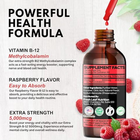 VITBOOST - Vegan Liquid B-12 Drops – 60 x 5000 mcg Extra Strength Sabor Framboesa Vitamina B12 Líquida Methylcobalamin Sublingual | Maximiza Absorção