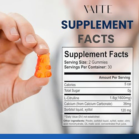 VAITE - L Citrulline Gummies para Homens – Poderoso Vasodilatador com Cálcio, 1600mg por Porção, Força Extra, Aumenta a Produção de Nitroxil e Óxido Nítrico, Suporta Energia e Resistência