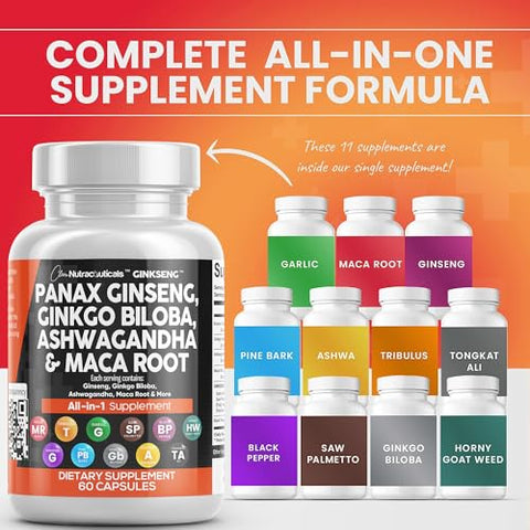 Panax Ginseng 10000mg, Ginkgo Biloba 4000mg, Ashwagandha Maca Root 3000mg – Suplemento para Foco com Extrato de Casca de Pinheiro, Alho e Semente de Saw Palmetto – Mulheres e Homens – 60 Cápsulas - Clean Nutraceuticals