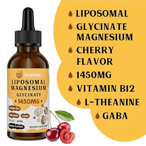 Juvetirpo - Magnésio Glicinato Líquido – Quelato Lipossomal com Sabor de Cereja para Absorção Fácil, Promove Sono, Humor e Intestinal