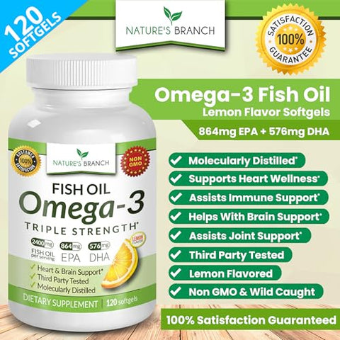 Nature's Branch - Melhor Ômega 3 Triplo Forte em Cápsulas 2400mg | 120 Unidades | Sabor Limão Potente sem Arrotos | 864mg EPA 576mg DHA Cápsulas Líquidas Ultra Pura | Cérebro Articulações Olhos Cabelos
