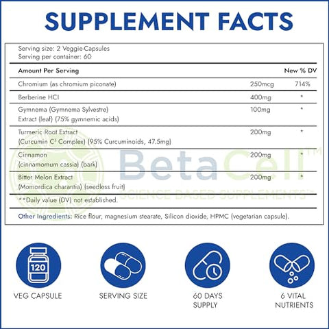 BETACELL - Glucofix – Suplemento de Berberina – Herbal com Canela, Gymnema, Berberina, Melão Amargo e Cúrcuma – 120 Cápsulas