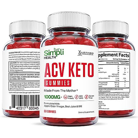 3 Pack) – Gomas ACV Keto Simpli Health 1000MG com Suco de Romã, Beterraba e Vitamina B12 – 180 Gomas - Justified Laboratories