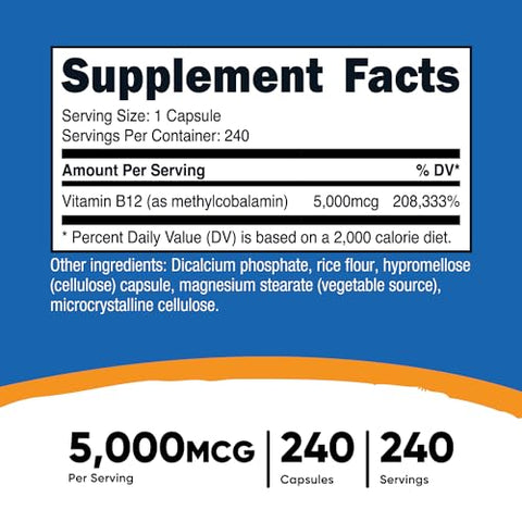 Vitamina B12 (Metilcobalamina) 5000mcg, 240 Cápsulas – Cápsulas Vegetarianas, Livre de Transgênicos, Sem Glúten - Nutricost