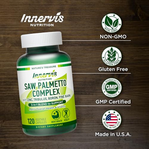 INNERVISNUTRITION - Complexo de Saw Palmetto 120 Cápsulas Vegetais para Suporte da Próstata e Saúde Urinária – Zinco, Tribulus, Boro, Casca de Pinheiro: Suplemento 5 em 1