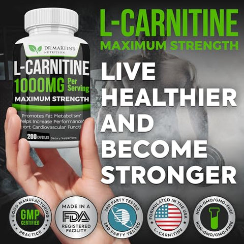 DR. MARTIN'S NUTRITION - DR. MARTIN’S NUTRITION L-Carnitina Extra Forte – 200 Cápsulas – 1000mg Por Porção – Acelere Seu Metabolismo e Melhore o Desempenho