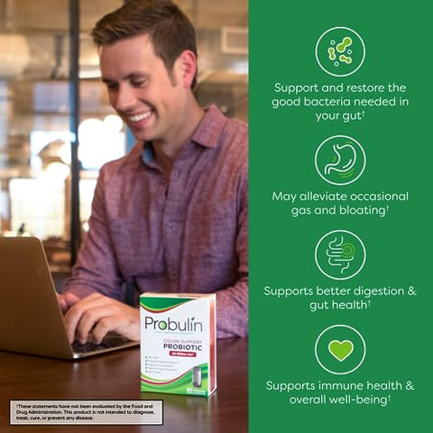 Colon Support – Suplemento Diário Probiótico Prebiótico para Saúde Intestinal – Gás e Inchaço Ocasional – 20 Bilhões de UFC – 12 Cepas – 60 Cápsulas Veganas - Probulin