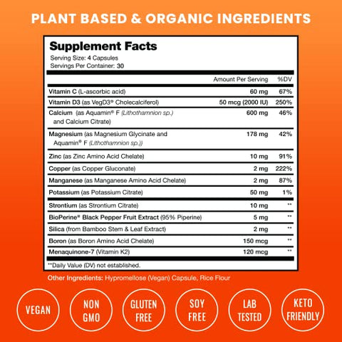 NutraChamps - Suplemento de Força Óssea | Cálcio Vegetal 600mg | Vitamina D3 2000 UI, K2, Magnésio, Potássio, Zinco, Boro
