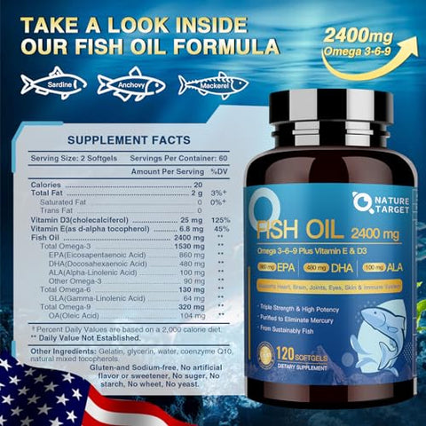 NATURE TARGET - Triple Omega 3 6 9, Óleo de Peixe 2400mg Cápsulas com Vitamina D3 – Benefícios para a Saúde