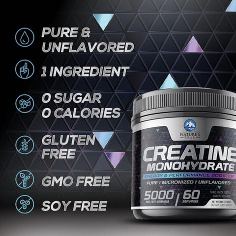 Nature's Peak - Creatina em Pó Pura 5000mg (5g) – Pré-Treino de Creatina Monohidratada Micronizada sem Sabor, Amigável ao Keto – Suporte para o Crescimento Muscular