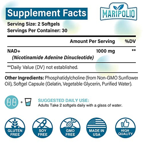 Maripolio - Liposomal NAD 1000 mg | Pontecy NAD Mais Alto | Máxima Absorção | Suplemento Puro de NAD | Energia e Reparo do DNA, Defesa contra o Envelhecimento, Função Cerebral | 240 Softgels
