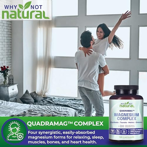 Why Not Natural - Complexo de Magnésio 4 em 1 – Cápsulas de Mistura de Glicinato, Taurato, Malato e Orotato – 300 mg por Porção, 120 Cápsulas