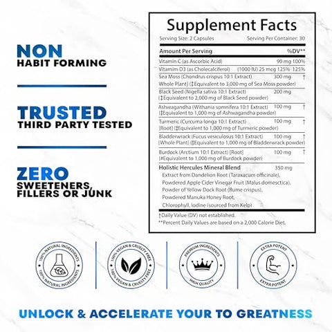 Holistic Hercules - Blend: Sea Moss 9000mg, Black Seed Oil 6000mg, Ashwagandha 3000mg, Burdock 2000mg – Potência Natural para Saúde e Bem-Estar