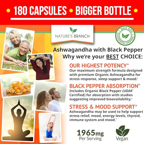 Nature's Branch - Ashwagandha Orgânica Certificada UDAF com Pimenta Preta – 180 Cápsulas – 1965mg Extra Forte para Estresse, Sono, Humor, Tireoide, Concentração, Cabelo, Extrato Puro de Raiz Vegano – Homens