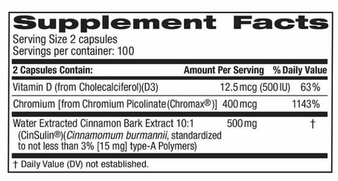 Generic - Tru-Nature Cinsulin Concentrado de Canela 500mg, 200 Cápsulas Vegetarianas, 3 Meses de Fornecimento