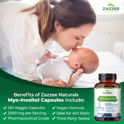 Cápsulas de Myo-Inositol, 2000 mg por Porção, 120 Cápsulas Veganas, Dosagem Ideal para Proporção 40:1, 100%% Vegetariano, Equilíbrio Hormonal - Zazzee