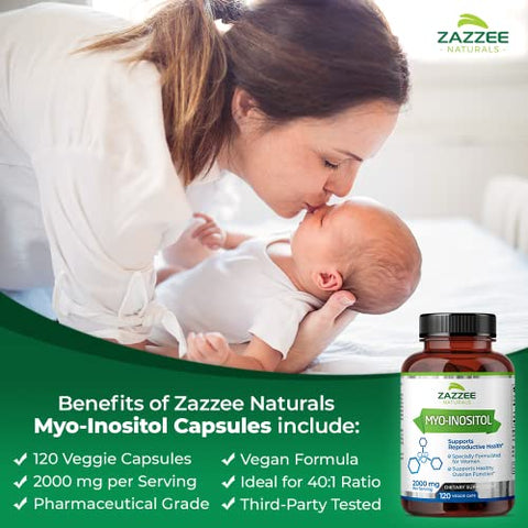 Cápsulas de Myo-Inositol, 2000 mg por Porção, 120 Cápsulas Veganas, Dosagem Ideal para Proporção 40:1, 100%% Vegetariano, Equilíbrio Hormonal - Zazzee