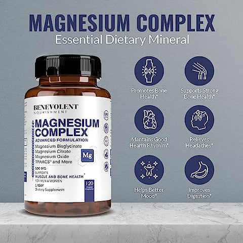 Benevolent Nourishment - Suplemento Complexo de Magnésio, 4 Meses de Fornecimento de 500mg 5-em-1 Magnésio Glicinato, Óxido, Taurato, Quelato, Citrato, Suplemento de Magnésio de Máxima Absorção para Calma e Sono