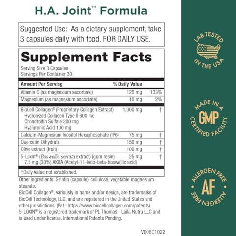 Fórmula HA Joint da Purity Products – Ácido Hialurônico e CoFatores Essenciais para Articulações e Pele – Colágeno Multi (Tipo I, II)