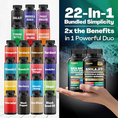 Dynamic Vitality Bundle: Sea Moss e Shilajit, Sea Moss 7000mg, Óleo de Semente Negra 4000mg, Ashwagandha 2000mg, Gengibre - Zoyava