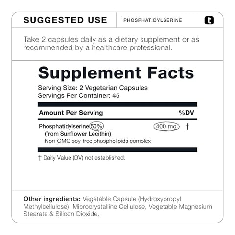 Phosphatidylserine – Fórmula de 400mg – Primeira Pureza de 50% do Mundo – Maior Pureza nos EUA – Suplemento de Fosfatidilserina Livre de Soja – 90 Cápsulas Vegetais - Toniiq