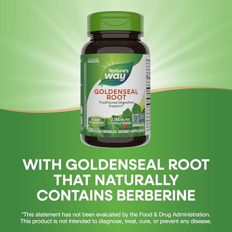 Nature's Way - Nature’s Way Goldenseal Root – Suporte Digestivo Tradicional, Contém Berberina, Verificado pelo Projeto Non-GMO, Vegano, 100 Cápsulas (Embalagem Pode Variar)