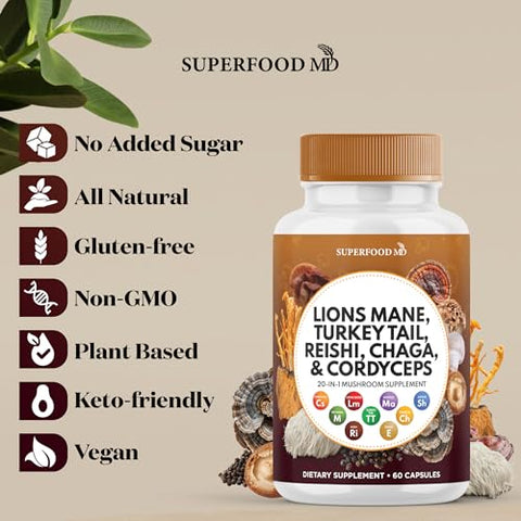 Superfood MD - Lions Mane 3000mg + Turkey Tail 2000mg + Reishi 1000mg + Cordyceps Chaga 1000mg com Raiz de Marshmallow – 180 Cápsulas