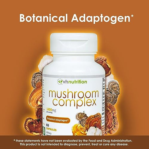 Suplemento de Cogumelo | Complexo de Cogumelos para Suporte Vitalidade* 1400mg | Fórmula Adaptogênica Inclui: Leão da Montanha, Chaga, Reishi, Extratos | 60 Cápsulas - VH Nutrition