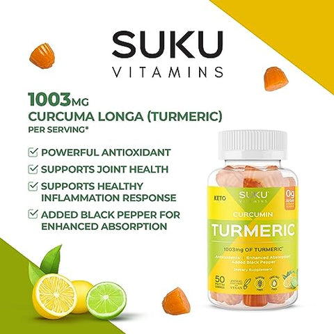 SUKU Vitamins - SUKU Gomas de Cúrcuma Curcumina Sem Açúcar com 1003mg de Cúrcuma – Pimenta Preta Protege o Fígado, Melhora a Digestão, Resposta Inflamatória