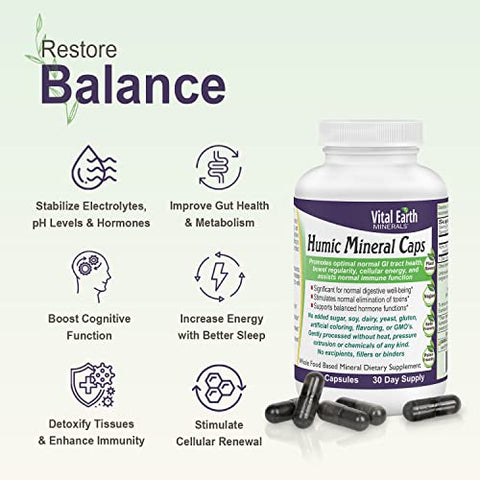 Cápsulas de Minerais Húmicos – 70 Minerais Traço com Ácido Fúlvico Natural, Suplemento Mineral Alcalinizante para Desintoxicação, Saúde Intestinal, Bem-Estar, 120 Unidades - Vital Earth Minerals