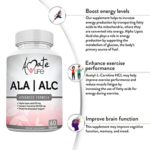 Fórmula de Alta Potência ALA/ALC – Melhor Ácido Alfa Lipoico e Acetil-L-Carnitina HCl – Suplemento Dietético – Suporte Antioxidante – Aumento de Energia – para Homens e Mulheres 60 Cápsulas - Amate Life