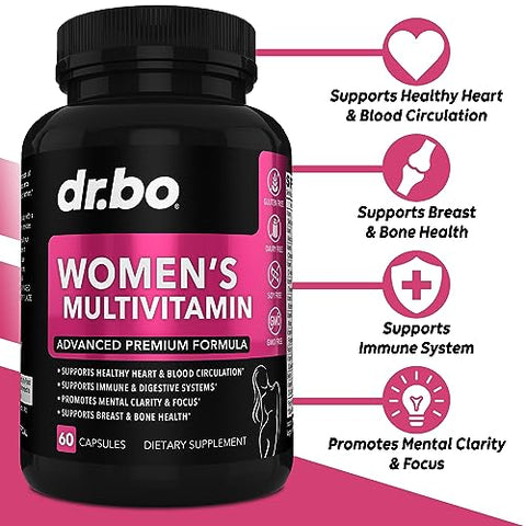 DR. BO - Multivitamínico Feminino Natural – Vitaminas Diárias para Mulheres – Energia e Suplementos de Vitaminas para Mulheres com Magnésio e Zinco – Cápsulas de Suplemento Mineral Multifuncional para Mulheres