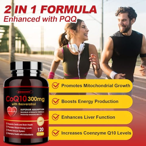 CoQ10-300mg com Trans-Resveratrol e PQQ – Potente Antioxidante para Saúde – 60 Cápsulas - ZEBORA