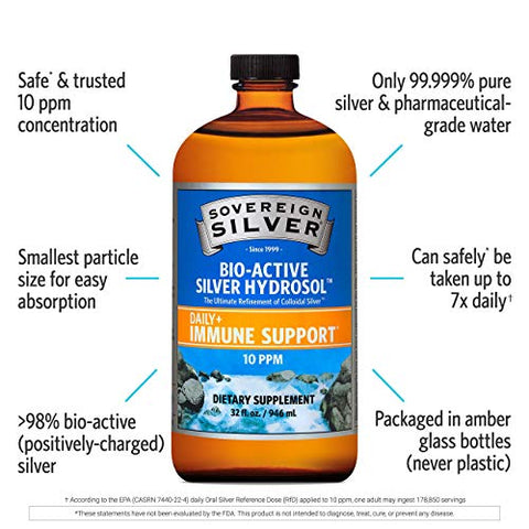 Hydrosol Bio-Ativo para Suporte Imunológico – Prata Coloidal Líquida – 10 ppm, 946mL - Sovereign Silver