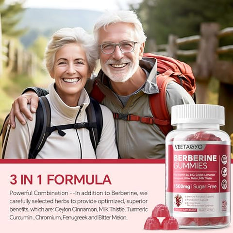 VEETAGYO - Berberine Gummies 1500mg com Canela de Ceilão, Cromo, Cúrcuma e Feno-grego para Equilíbrio Natural do Metabolismo – Berberina HCl de Berberis da Índia