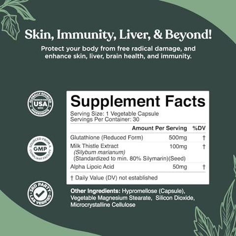 Nature Bound - Glutathione Skin Whitening Pills – GSH Puro 500 mg com Extrato Natural de Cardo de Leite Silymarin – Suporte Antioxidante ALA – Reforça o Sistema Imunológico por