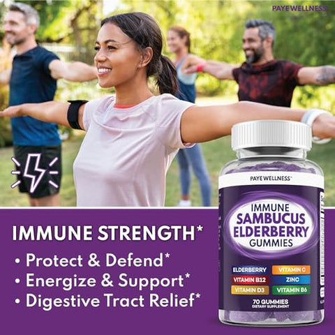 PAYÉ - Sambucus Elderberry Gummies – Suporte Imunológico Diário para Crianças e Adultos* com Zinco, Vitamina C, D3, B6, B12 – Suplemento Alimentar – 140 Unidades