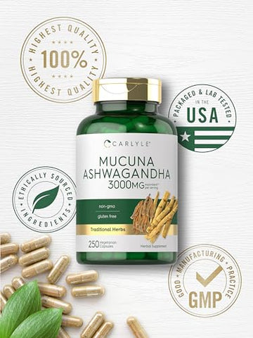 Mucuna com Ashwagandha | 3000mg | 250 Cápsulas | Suplemento de Mucuna Pruriens | Vegetariano, Não-OGM, Sem Glúten - Carlyle