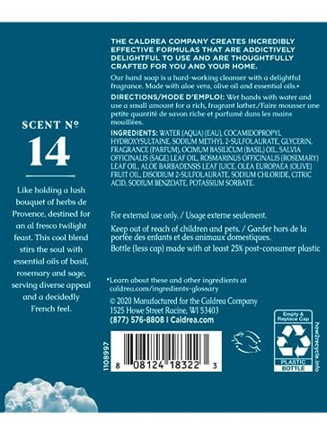 Recarga de Sabonete Líquido Caldrea, Gel de Aloe Vera, Óleo de Oliva e Óleos Essenciais para Limpar e Condicionar, Fragrância Manjericão e Sálvia Azul, 32 ml