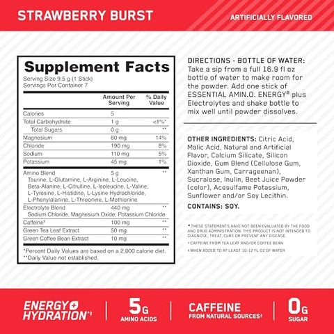 Amino Energy Plus Electrolytes Stick Packs – Pó Energético de Morango, 7 Unidades - Optimum Nutrition