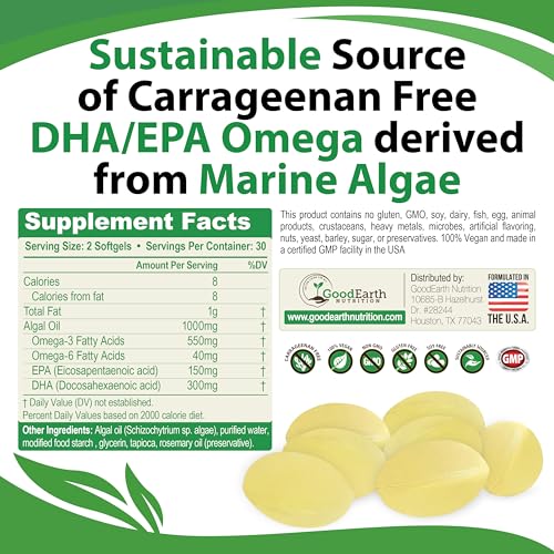 GoodEarth Nutrition - Vegan Omega 3 – DHA/EPA à base de algas vegetais sem carragenina – 60 cápsulas vegetais – Suporte para cérebro, coração e articulações