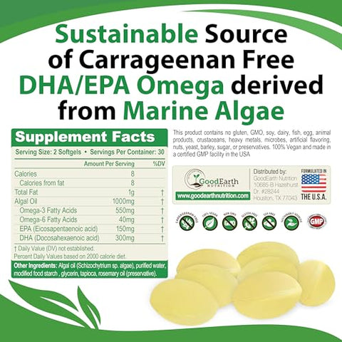 GoodEarth Nutrition - Vegan Omega 3 – DHA/EPA à base de algas vegetais sem carragenina – 60 cápsulas vegetais – Suporte para cérebro, coração e articulações