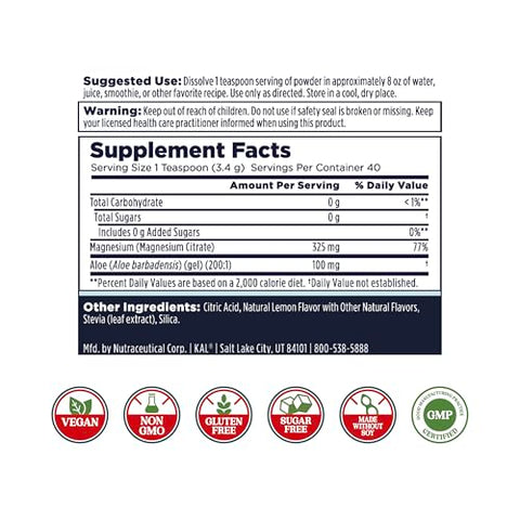 Gut Magnesium Plus Aloe Vera em Pó – Bebida de Limão com Magnésio Citrato e Gel de Aloe Vera para Digestão – 100g - KAL